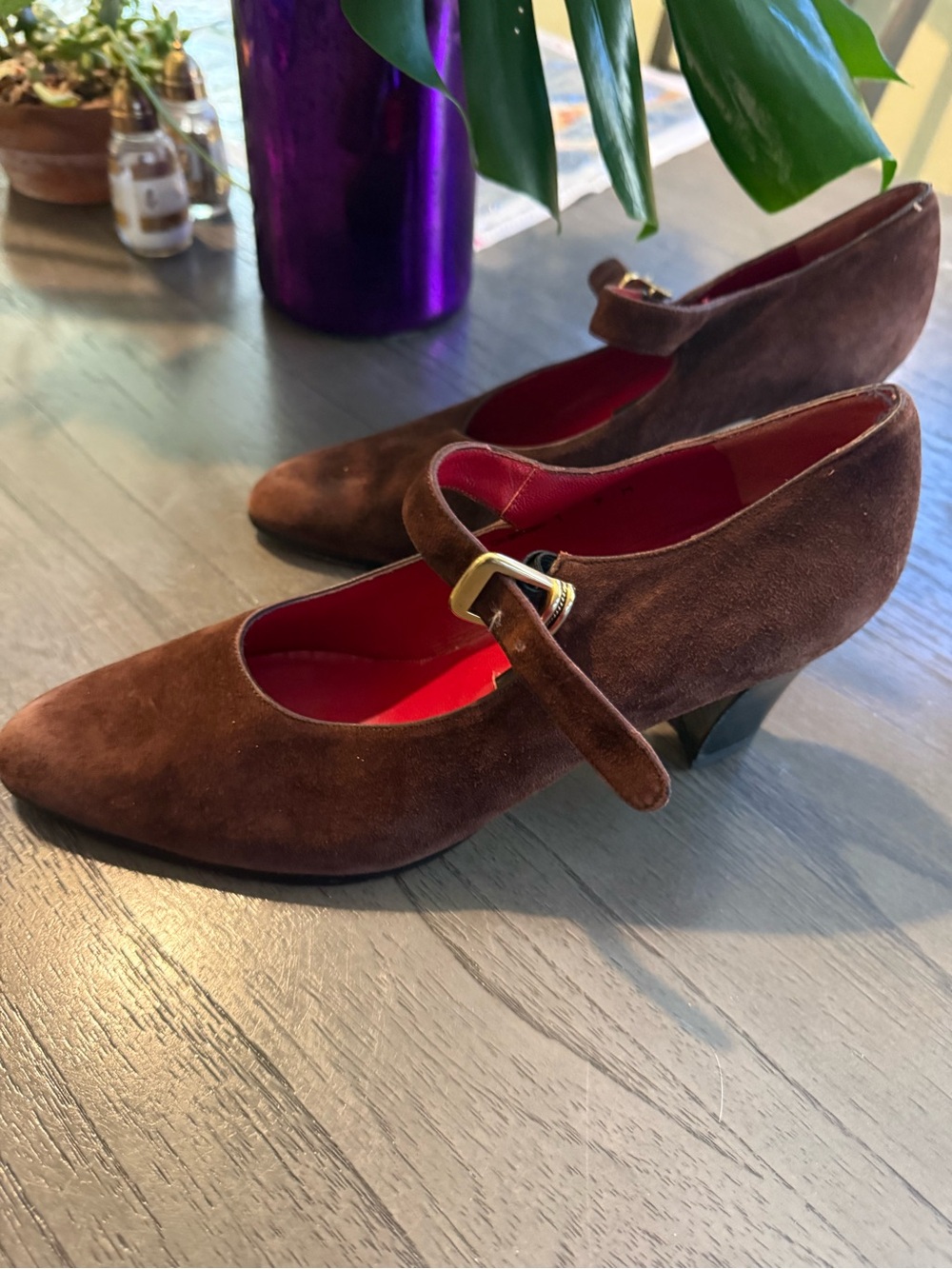 Sesto Meucci Brown Suede Mary Jane Heels with Gold Buckle
